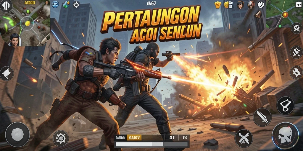 Screenshot gameplay AA62 menampilkan aksi pertarungan yang mendebarkan.